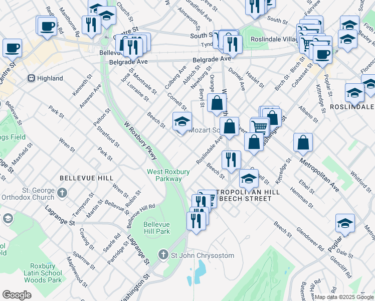 map of restaurants, bars, coffee shops, grocery stores, and more near 243 Beech Street in Boston