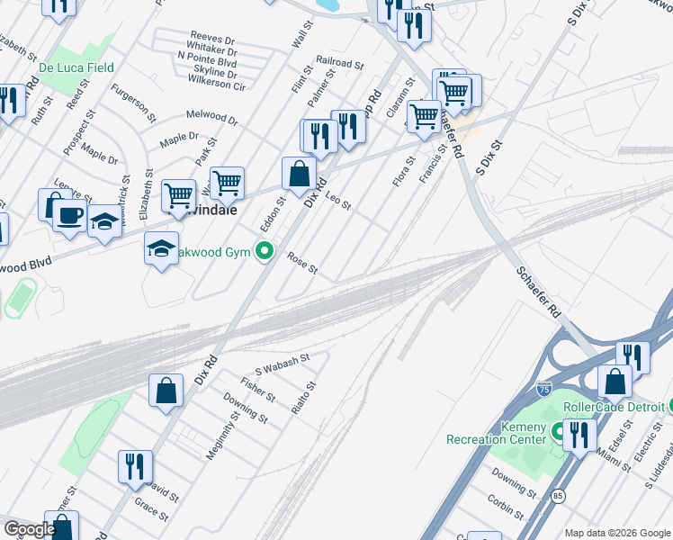 map of restaurants, bars, coffee shops, grocery stores, and more near 17647 Flora Street in Melvindale