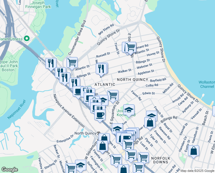 map of restaurants, bars, coffee shops, grocery stores, and more near in Quincy