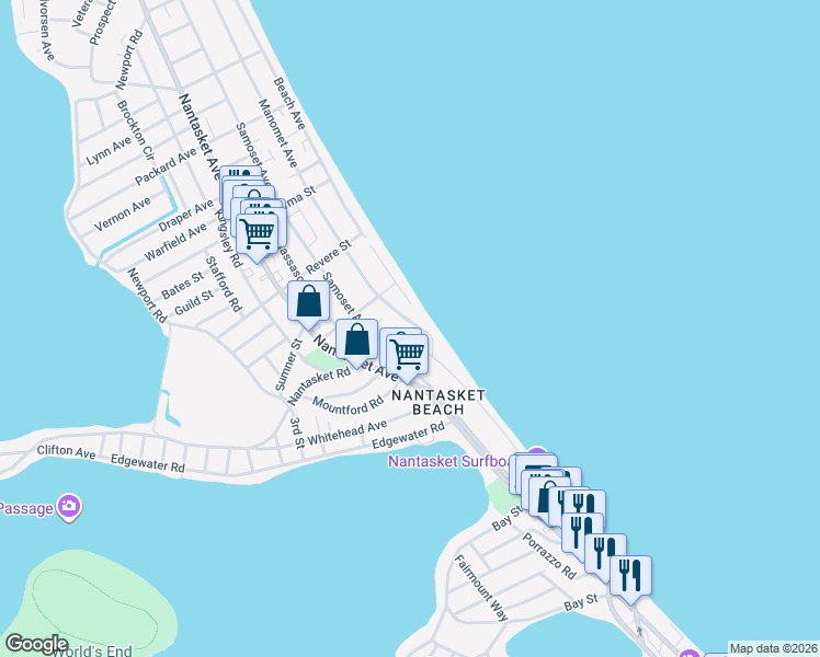 map of restaurants, bars, coffee shops, grocery stores, and more near 13 Manomet Avenue in Hull