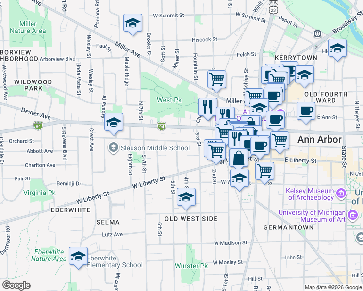 map of restaurants, bars, coffee shops, grocery stores, and more near 609 West Washington Street in Ann Arbor