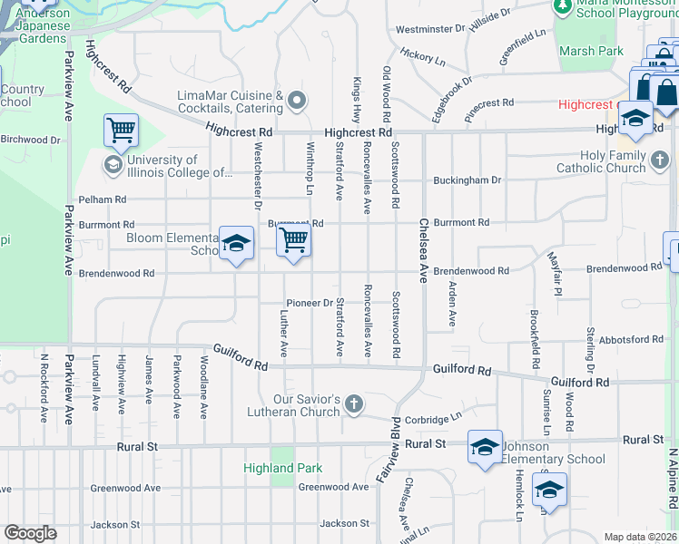 map of restaurants, bars, coffee shops, grocery stores, and more near 3298 Brendenwood Road in Rockford