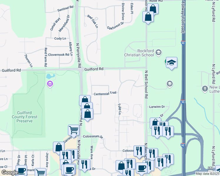 map of restaurants, bars, coffee shops, grocery stores, and more near 1195 Weathered Oak Lane in Rockford
