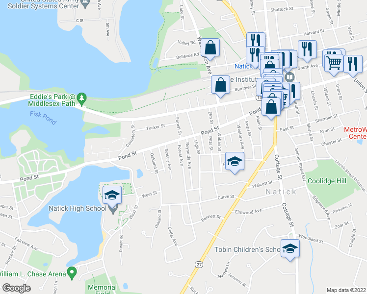 map of restaurants, bars, coffee shops, grocery stores, and more near 4 Forest Avenue in Natick