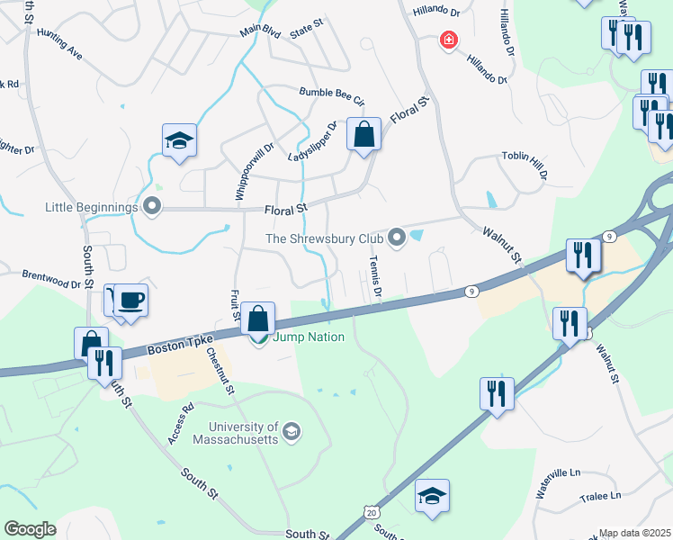 map of restaurants, bars, coffee shops, grocery stores, and more near 103 Arbor Drive in Shrewsbury