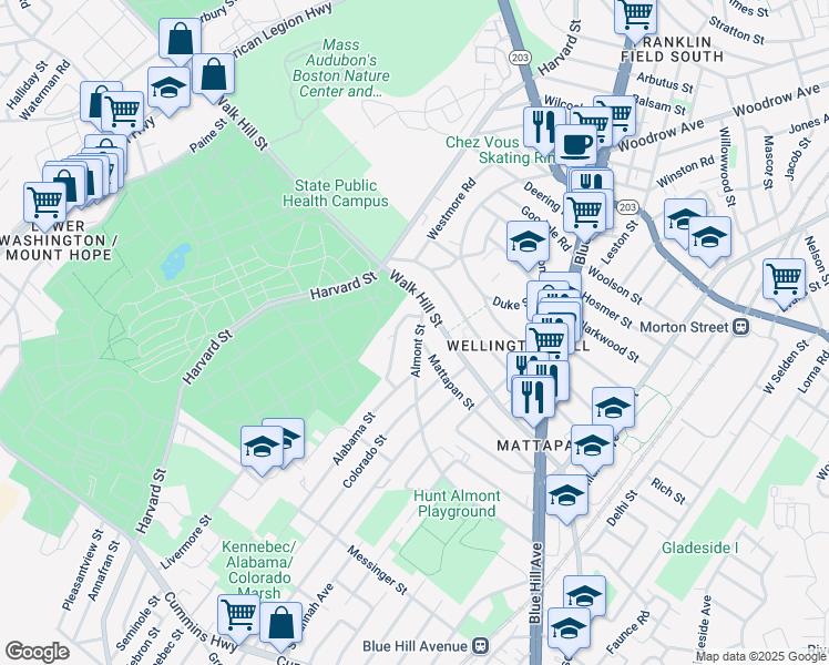 map of restaurants, bars, coffee shops, grocery stores, and more near 224 Almont Street in Boston