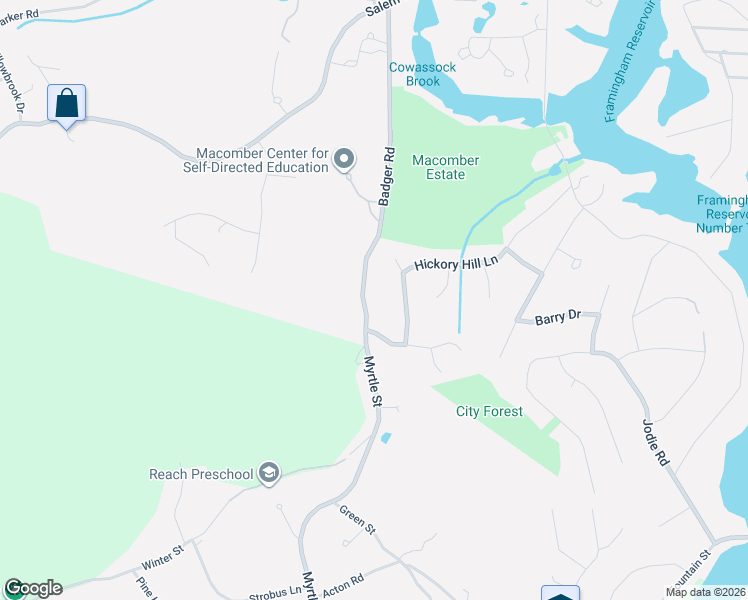 map of restaurants, bars, coffee shops, grocery stores, and more near 50 Badger Road in Framingham