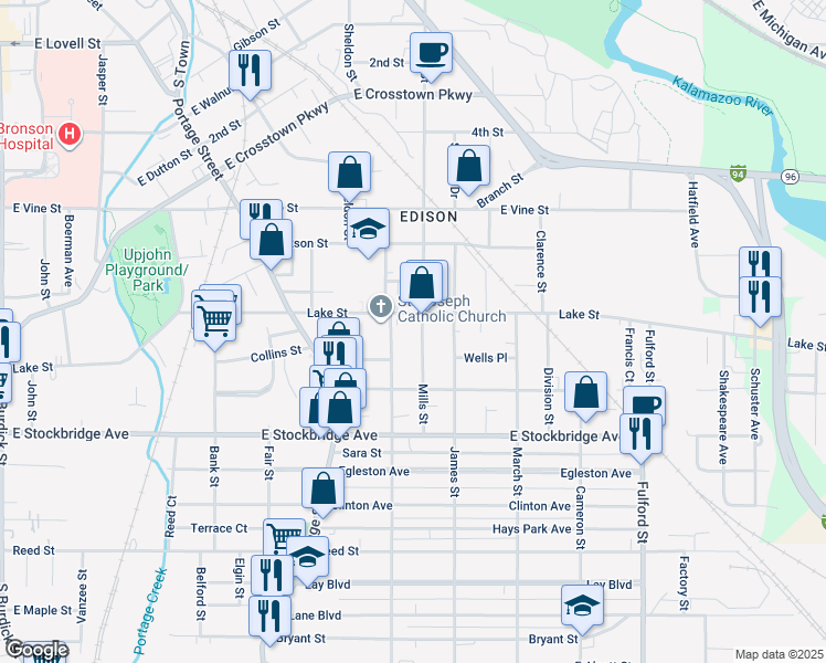 map of restaurants, bars, coffee shops, grocery stores, and more near 1113 Race Street in Kalamazoo