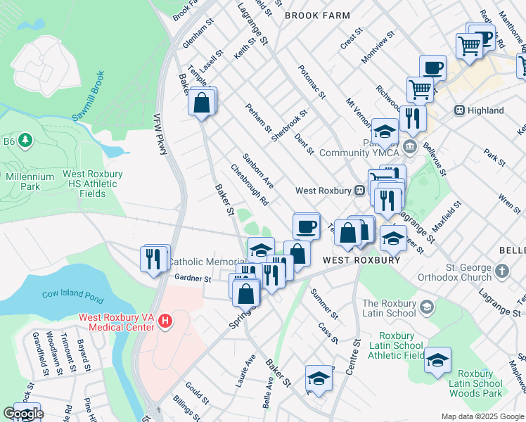 map of restaurants, bars, coffee shops, grocery stores, and more near 30 Chesbrough Rd in Boston