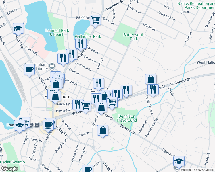map of restaurants, bars, coffee shops, grocery stores, and more near 138 Clark Street in Framingham