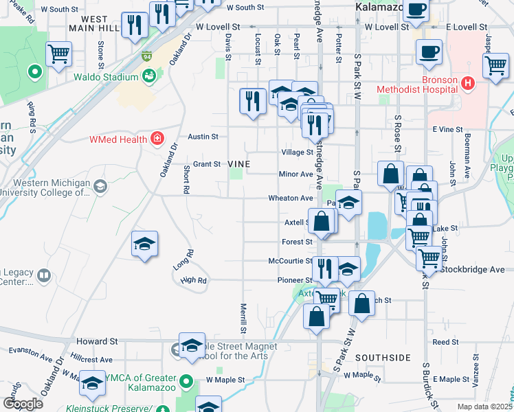 map of restaurants, bars, coffee shops, grocery stores, and more near 719 Wheaton Avenue in Kalamazoo