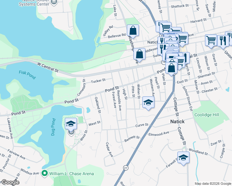 map of restaurants, bars, coffee shops, grocery stores, and more near 5 Reynolds Avenue in Natick