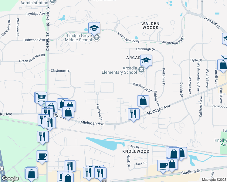 map of restaurants, bars, coffee shops, grocery stores, and more near Ivy Chase in Kalamazoo