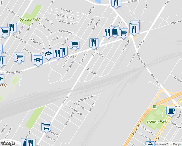 map of restaurants, bars, coffee shops, grocery stores, and more near 17700 Clarann St in Melvindale