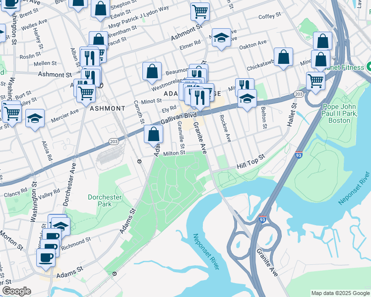 map of restaurants, bars, coffee shops, grocery stores, and more near 44 Granville Street in Boston