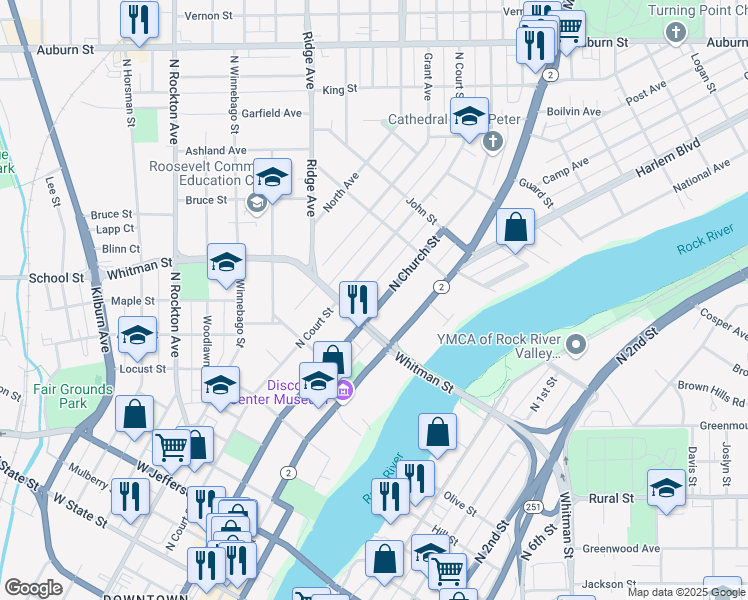 map of restaurants, bars, coffee shops, grocery stores, and more near 922 North Church Street in Rockford