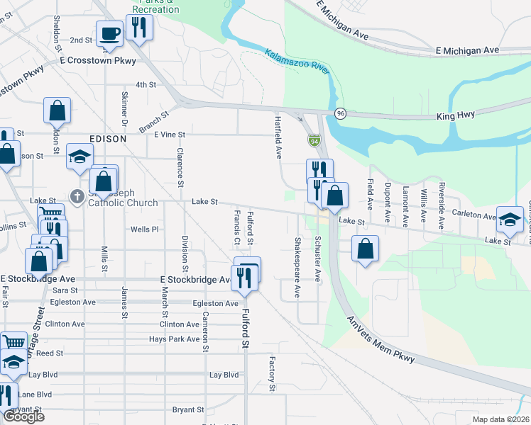 map of restaurants, bars, coffee shops, grocery stores, and more near 1820 Lake Street in Kalamazoo