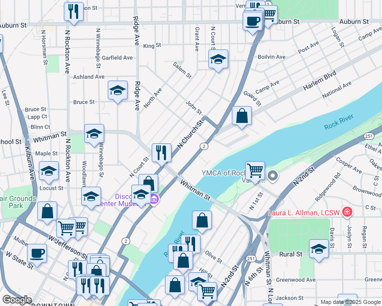map of restaurants, bars, coffee shops, grocery stores, and more near 950 North Main Street in Rockford