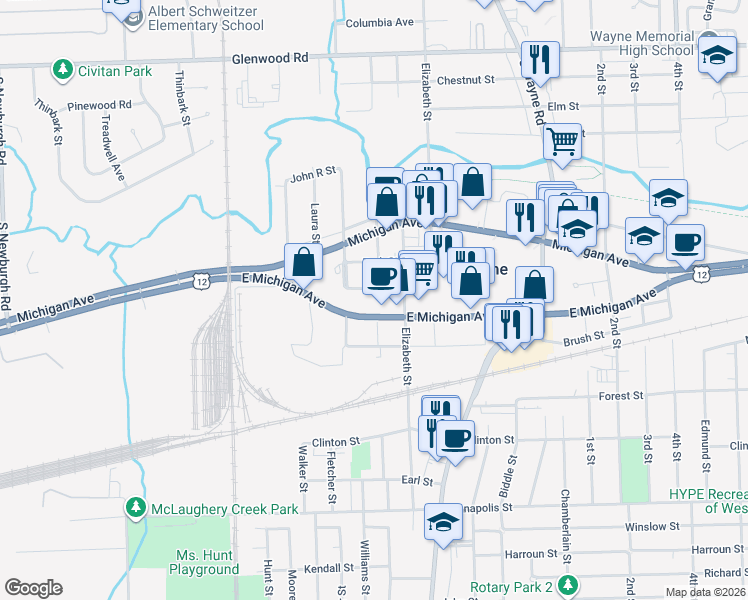 map of restaurants, bars, coffee shops, grocery stores, and more near 35700 East Michigan Avenue in Wayne