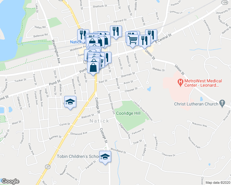 map of restaurants, bars, coffee shops, grocery stores, and more near 4 Allen Street in Natick