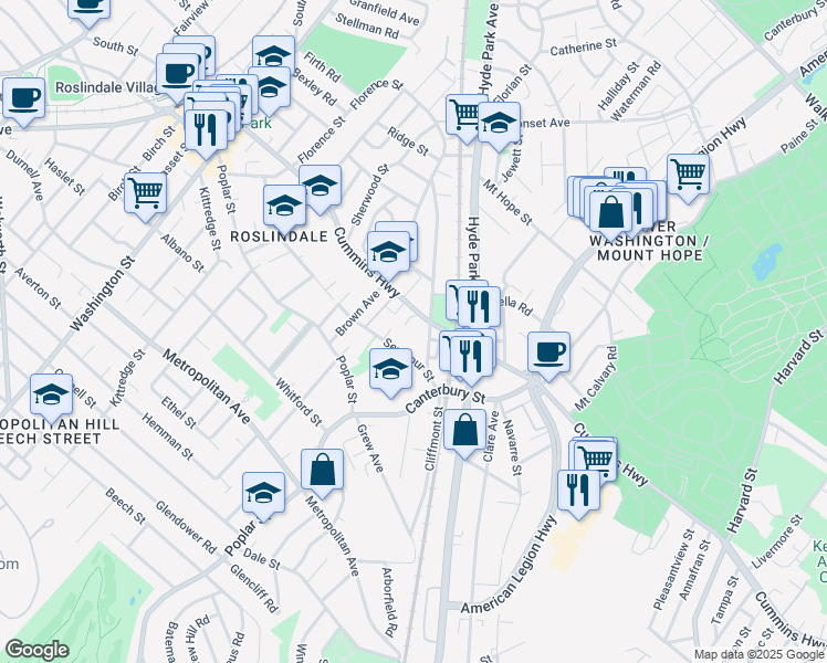 map of restaurants, bars, coffee shops, grocery stores, and more near 237 Cummins Highway in Boston