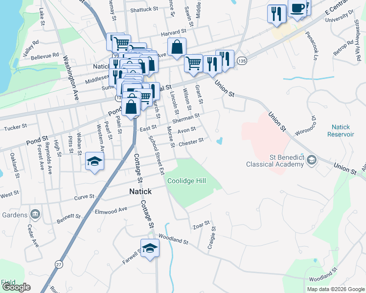 map of restaurants, bars, coffee shops, grocery stores, and more near 7 Chester Street in Natick
