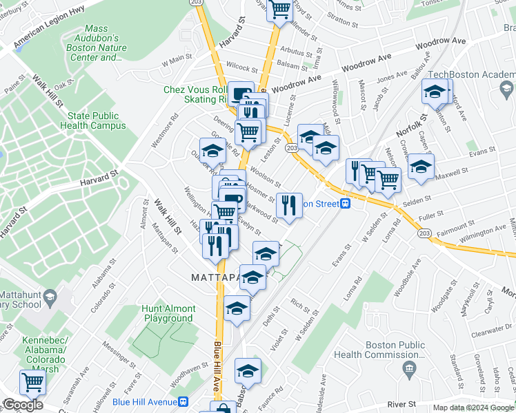 map of restaurants, bars, coffee shops, grocery stores, and more near 32 Clarkwood Street in Boston