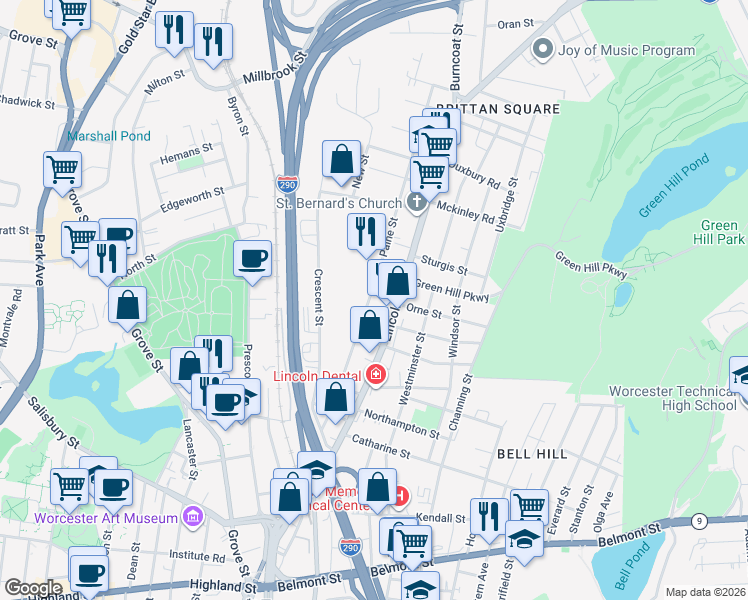 map of restaurants, bars, coffee shops, grocery stores, and more near 43 Paine Street in Worcester