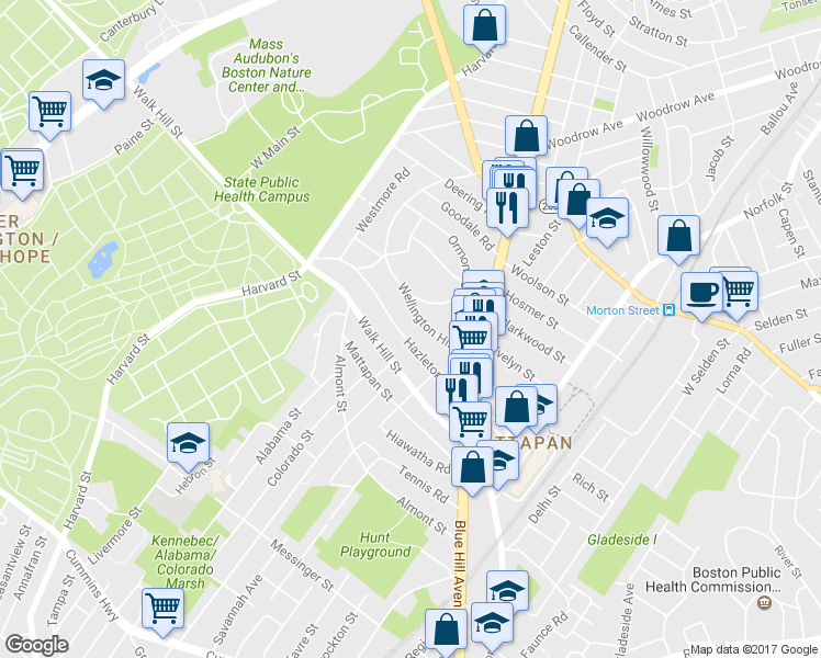 map of restaurants, bars, coffee shops, grocery stores, and more near 57 Hazleton Street in Boston