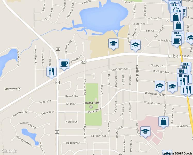 map of restaurants, bars, coffee shops, grocery stores, and more near 910 Burridge Court in Libertyville