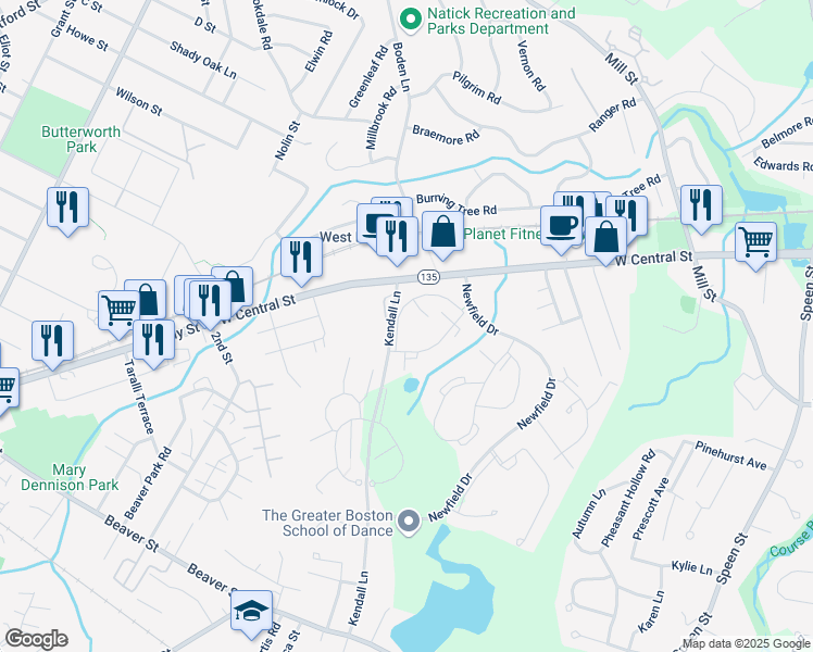 map of restaurants, bars, coffee shops, grocery stores, and more near 10 Village Green Lane in Natick