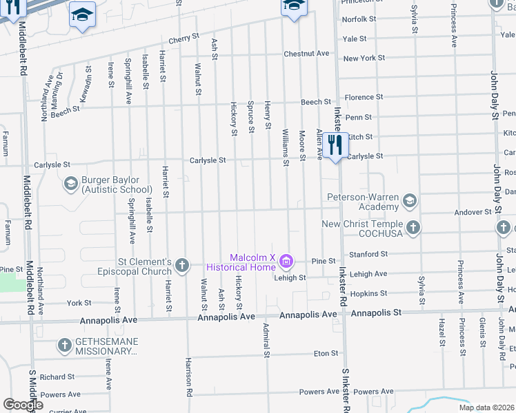 map of restaurants, bars, coffee shops, grocery stores, and more near 3925 Spruce Street in Inkster