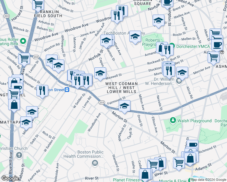 map of restaurants, bars, coffee shops, grocery stores, and more near 289 Fuller Street in Boston