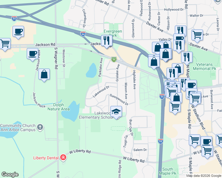 map of restaurants, bars, coffee shops, grocery stores, and more near 3065 Lakewood Drive in Ann Arbor