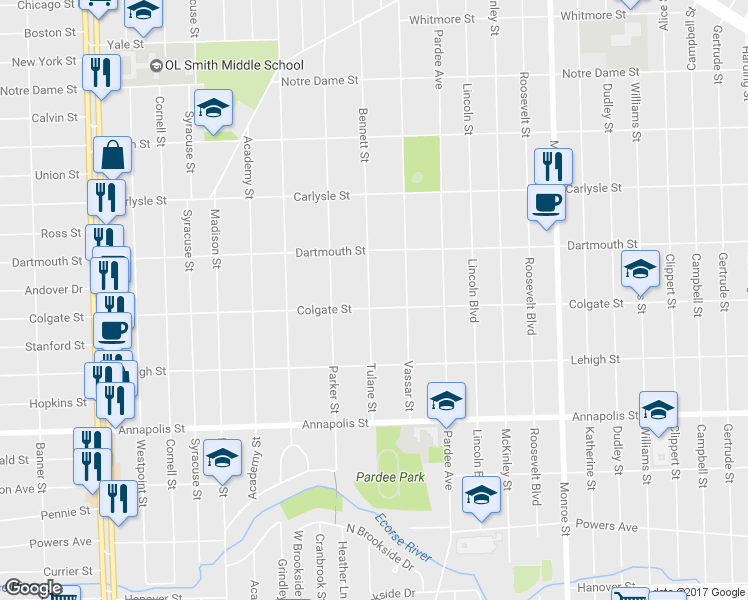 map of restaurants, bars, coffee shops, grocery stores, and more near 4007 Tulane Street in Dearborn Heights