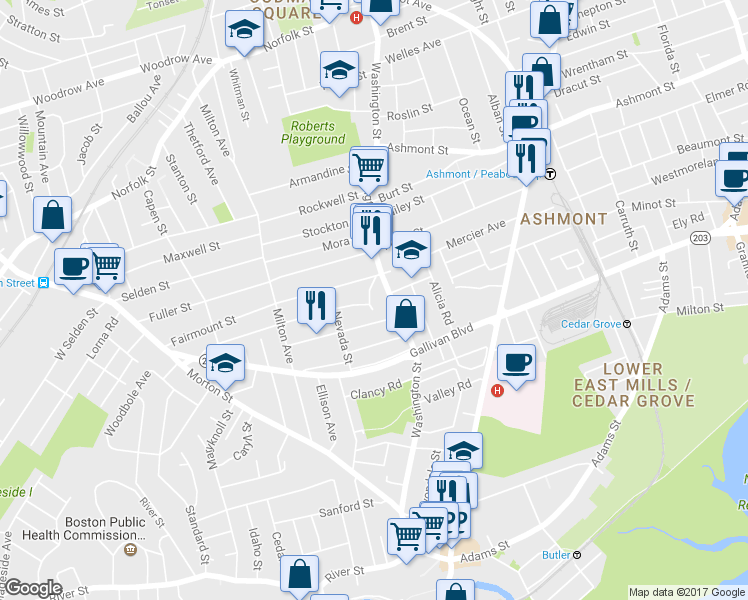 map of restaurants, bars, coffee shops, grocery stores, and more near 18-20 Ogden Street in Boston