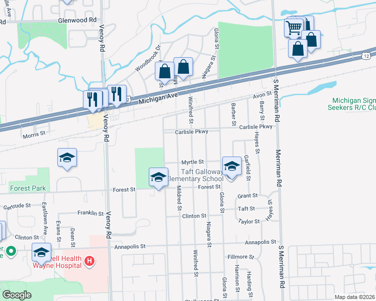 map of restaurants, bars, coffee shops, grocery stores, and more near 3817 Mildred Street in Wayne