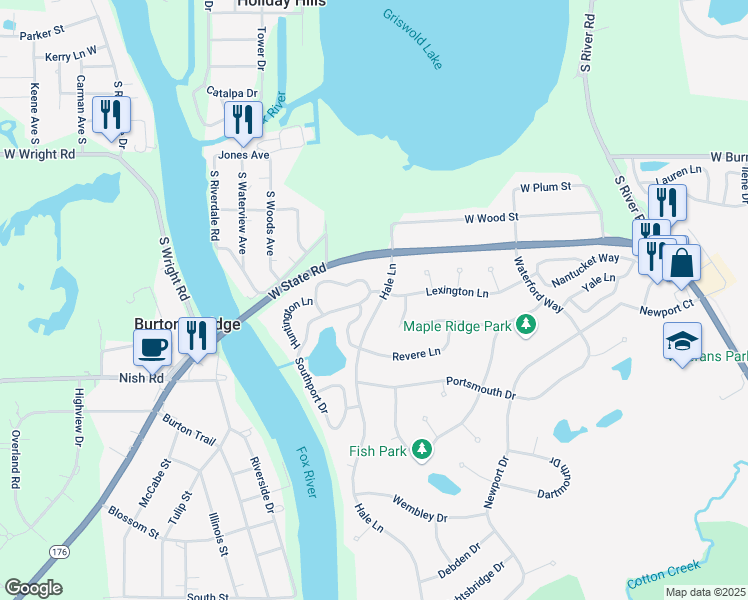 map of restaurants, bars, coffee shops, grocery stores, and more near 3307 Southport Drive in Island Lake