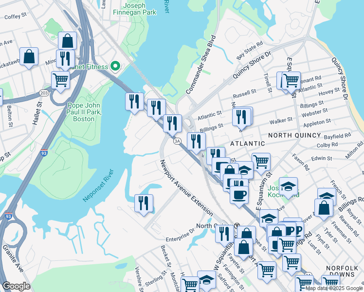 map of restaurants, bars, coffee shops, grocery stores, and more near 100 Hancock Street in Quincy