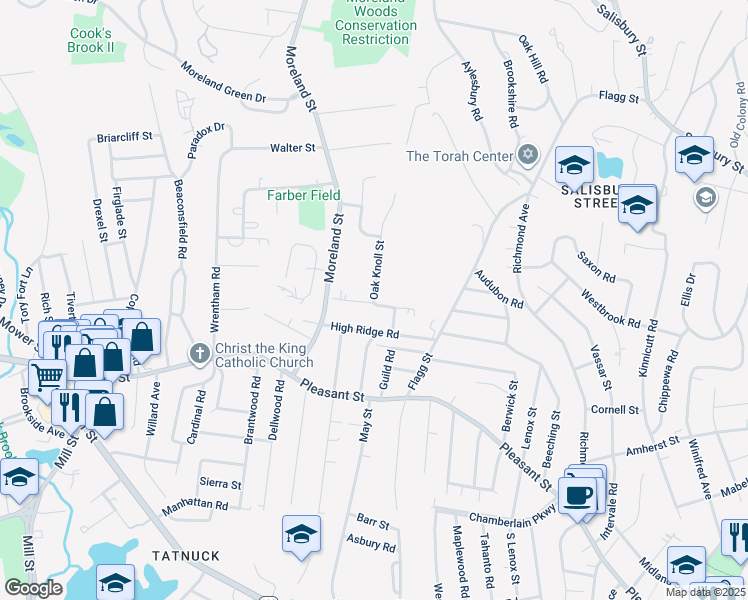 map of restaurants, bars, coffee shops, grocery stores, and more near 2 Oak Knoll Street in Worcester