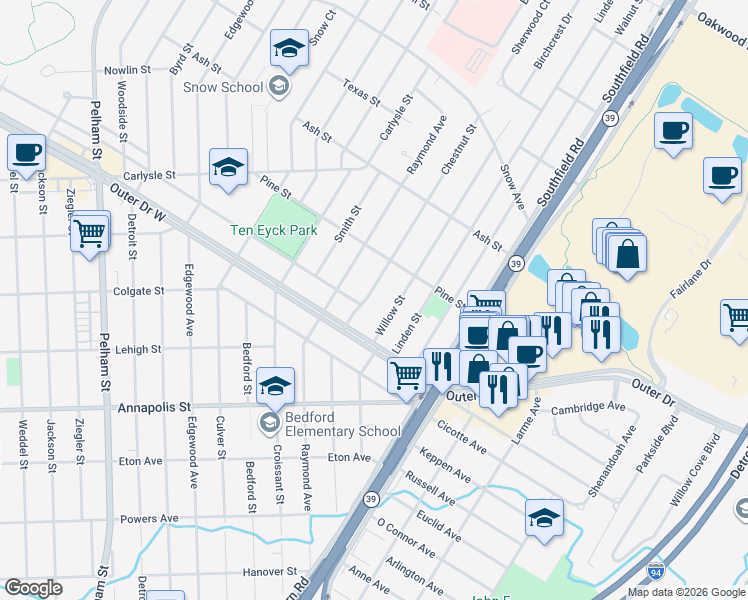 map of restaurants, bars, coffee shops, grocery stores, and more near 3535 Chestnut Street in Dearborn