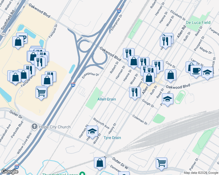 map of restaurants, bars, coffee shops, grocery stores, and more near 18853 Harman Street in Melvindale