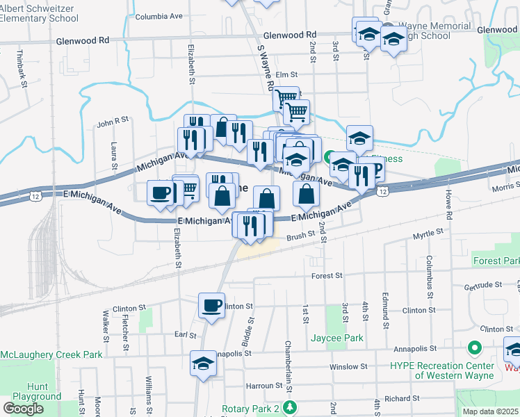 map of restaurants, bars, coffee shops, grocery stores, and more near 35160 East Michigan Avenue in Wayne