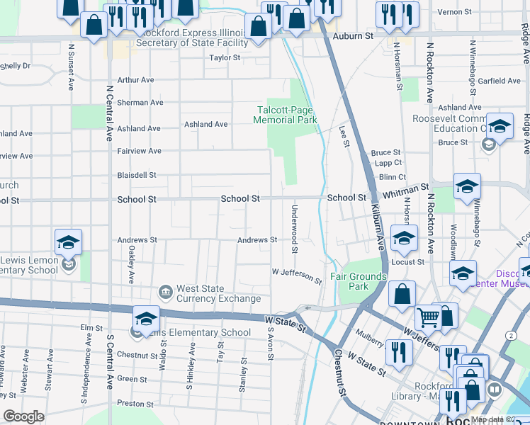 map of restaurants, bars, coffee shops, grocery stores, and more near 438 North Avon Street in Rockford