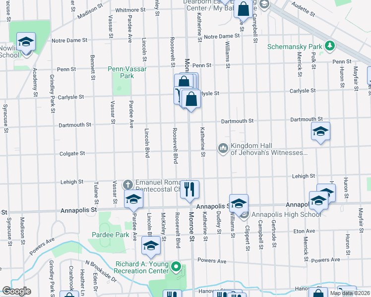 map of restaurants, bars, coffee shops, grocery stores, and more near 4018 Monroe Street in Dearborn Heights