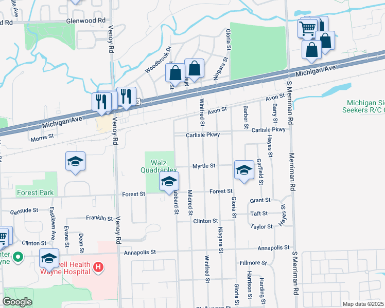 map of restaurants, bars, coffee shops, grocery stores, and more near 3817 Mildred Street in Wayne
