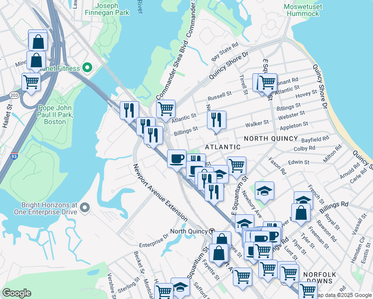 map of restaurants, bars, coffee shops, grocery stores, and more near 68 Sagamore Street in Quincy