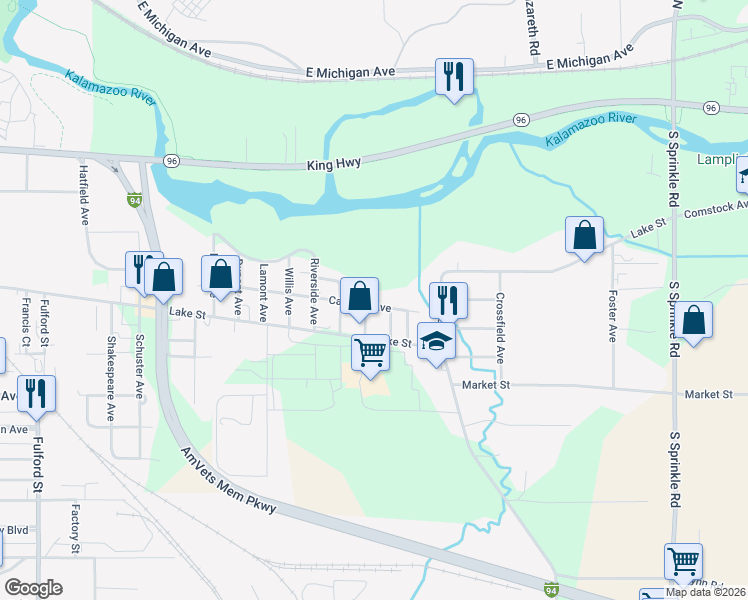 map of restaurants, bars, coffee shops, grocery stores, and more near 2909 Carleton Avenue in Kalamazoo