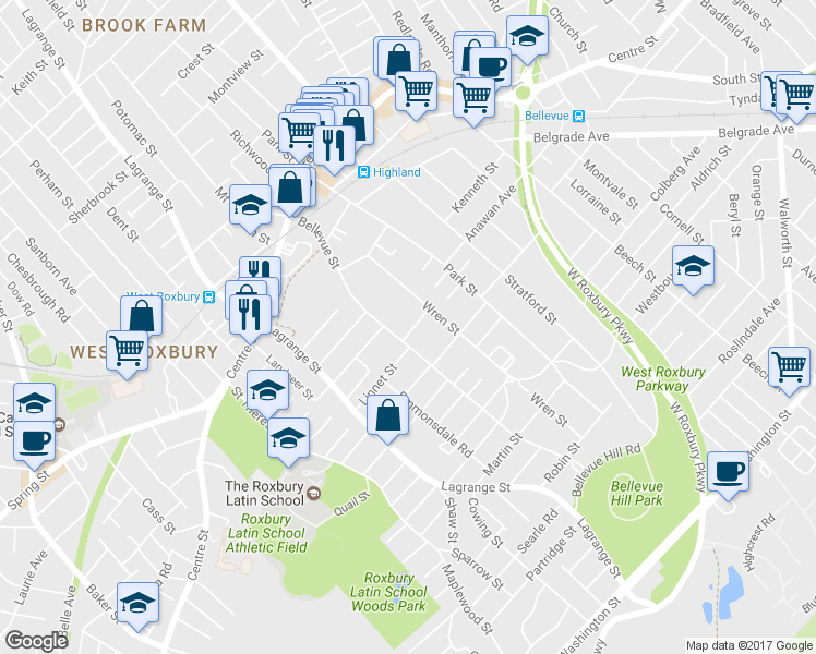 map of restaurants, bars, coffee shops, grocery stores, and more near 19 Danville Street in Boston