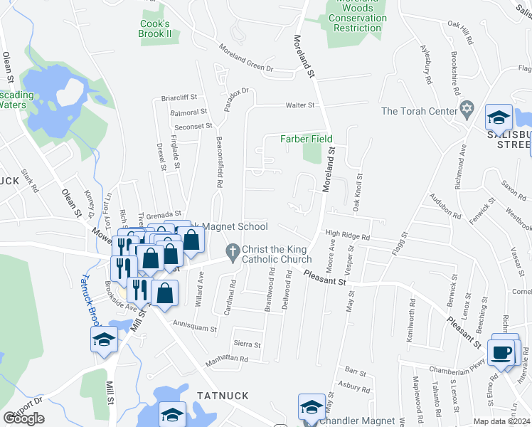 map of restaurants, bars, coffee shops, grocery stores, and more near 17 Fenton Drive in Worcester